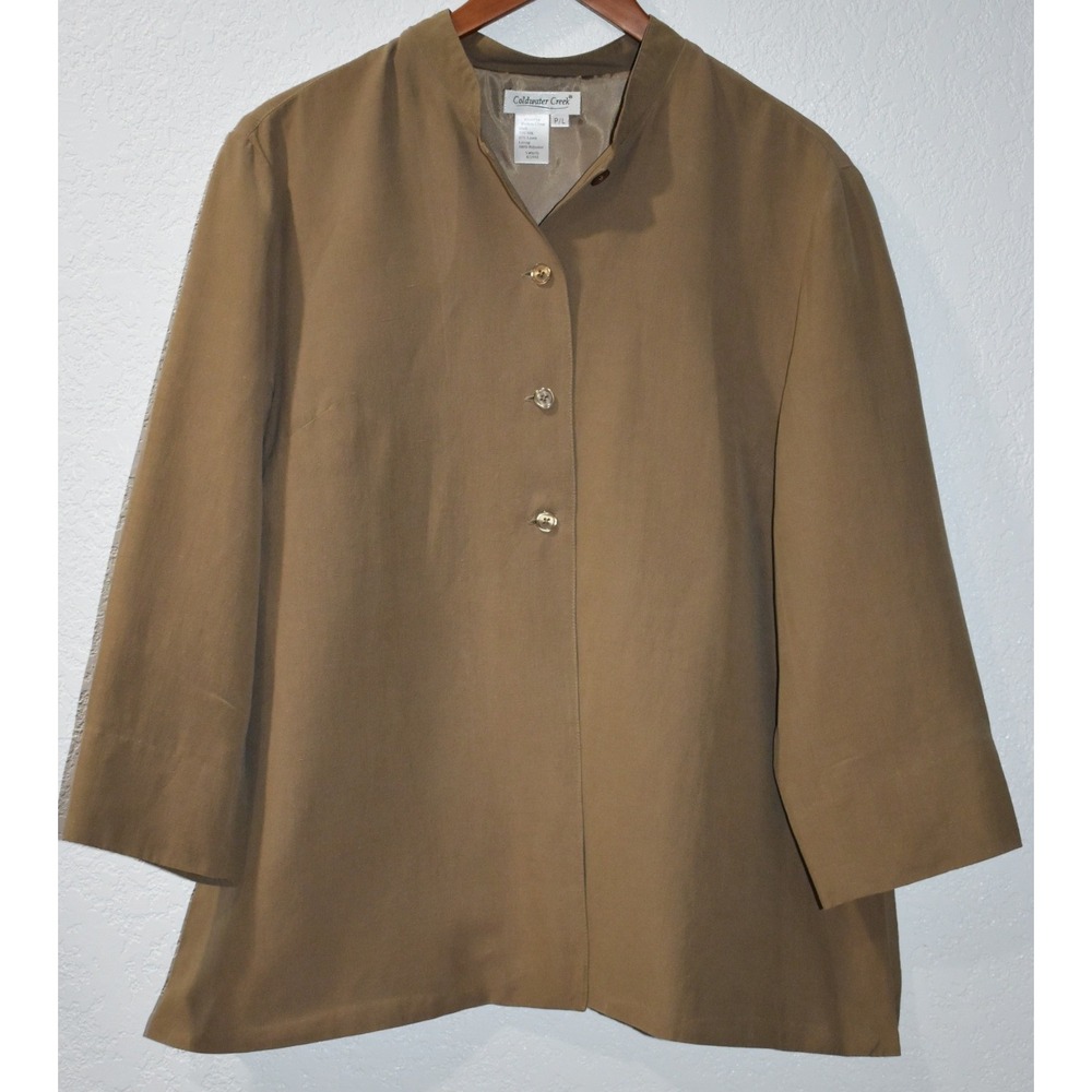 Coldwater Creek Silk Linen Blend Jacket Tan Brown Mandarin Collar Petite Large